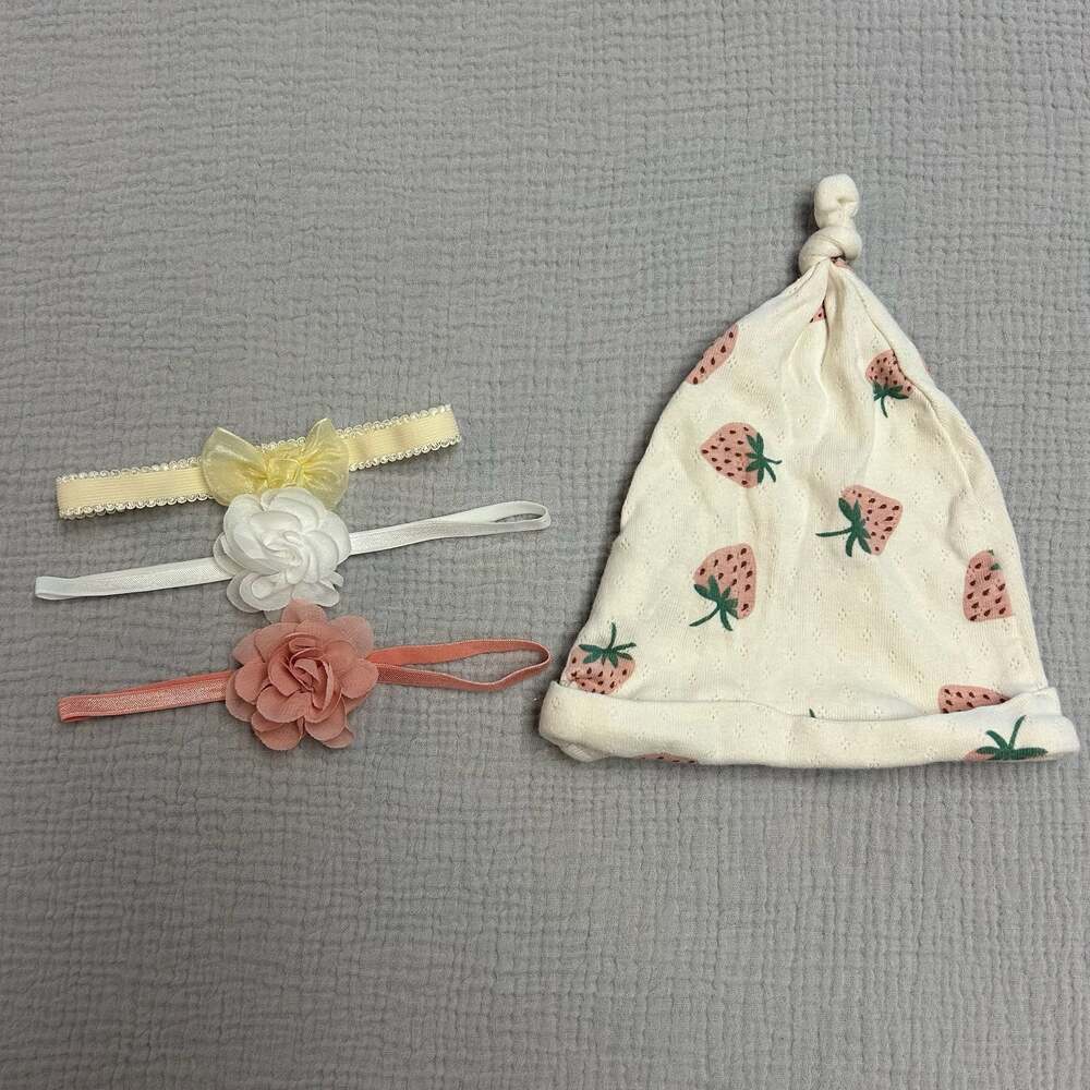 Jessica Simpson Baby Strawberry Print Knot Hat and 3 Headbands Set 6/9M